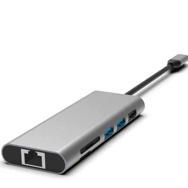 銀色10イン1USB-C ハブ HDMI USB 3.0 イーサネット 3.5mmオーディオ ジャック PCとラップトップ