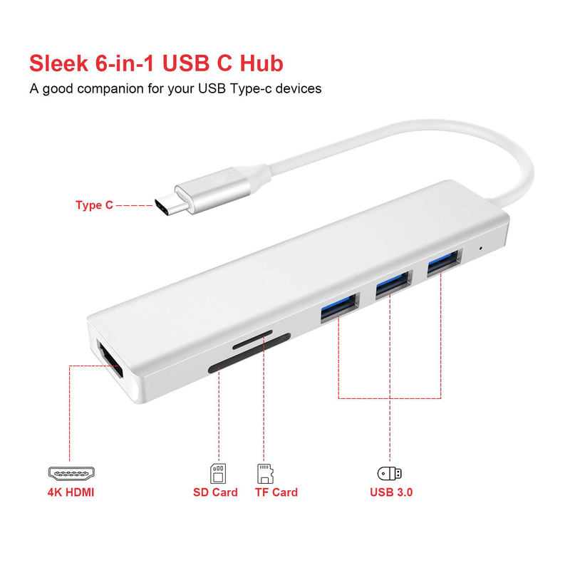 6 ポート Usb-C ハブ スプリッタ Usb-C エクスパンダー ポータブル Usb アダプタ マルチポート データ ハブ