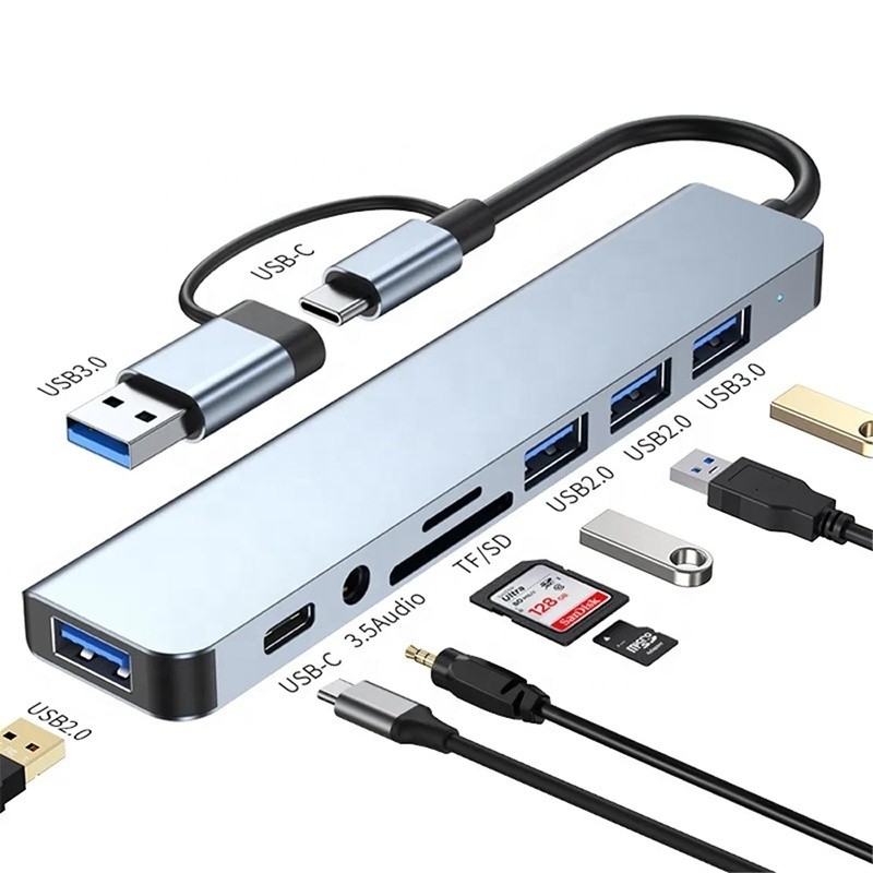 8-in-1 USB 3.0 ハブ 3*USB 2.0 3.5mm オーディオ SD/TF カードリーダー データ転送と充電のための出力