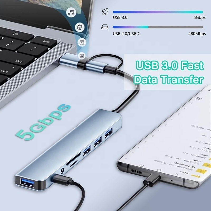 8-in-1 USB 3.0 ハブ 3*USB 2.0 3.5mm オーディオ SD/TF カードリーダー データ転送と充電のための出力