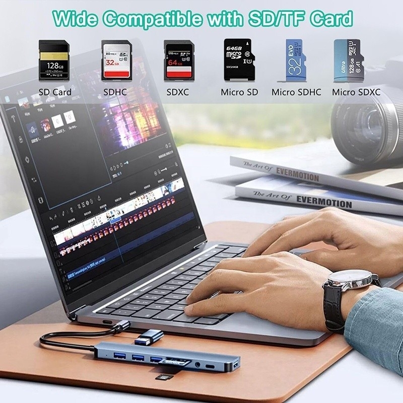 8-in-1 USB 3.0 ハブ 3*USB 2.0 3.5mm オーディオ SD/TF カードリーダー データ転送と充電のための出力