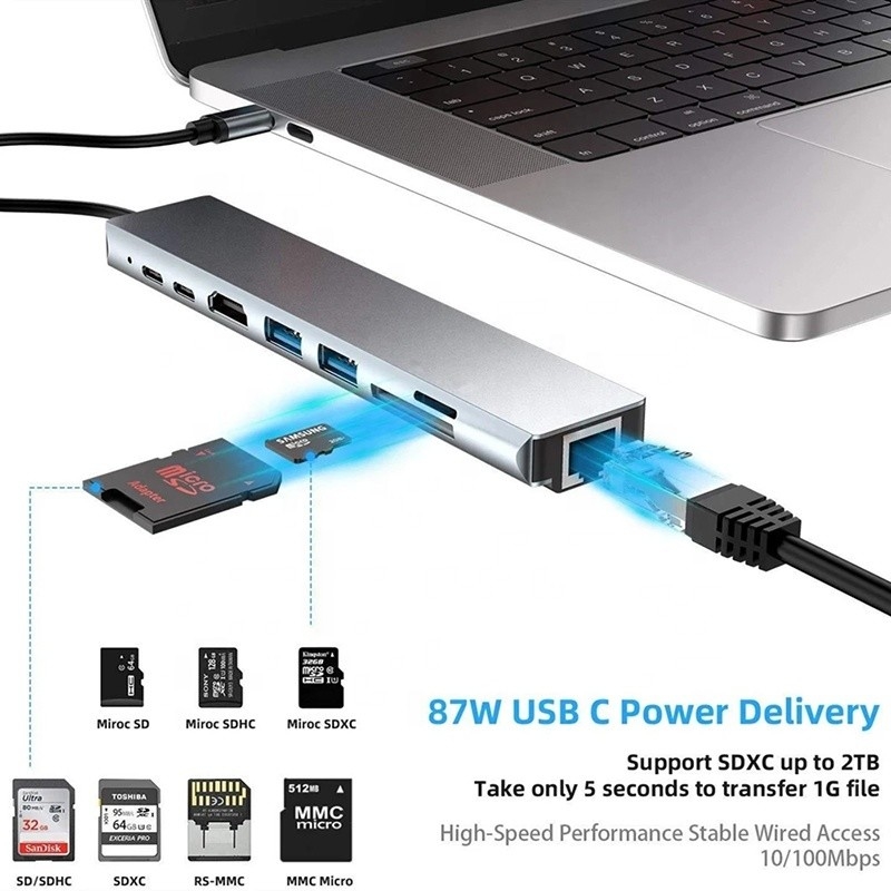 汎用的な8イン1USB型Cハブマルチポートアダプタ