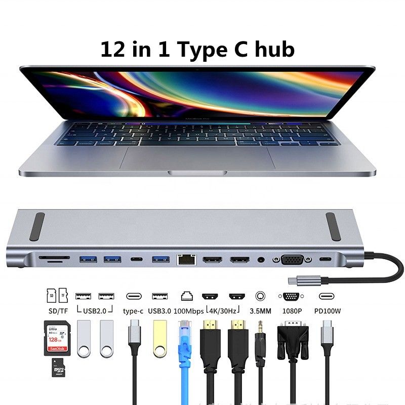 充電データ転送とスピーカー機能のための12イン1USB-CタイプCドッキングステーション