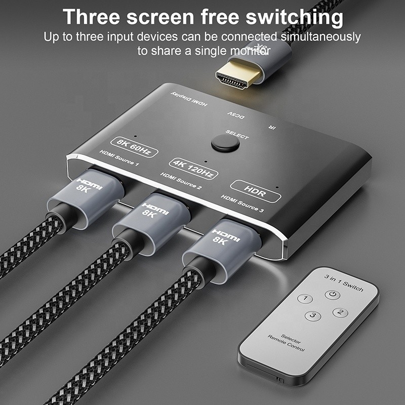 8K 120Hz HDR 3ポート HDMI スイッチ スイッチ 3 イン 1 アウトプラグ リモートコンバーター