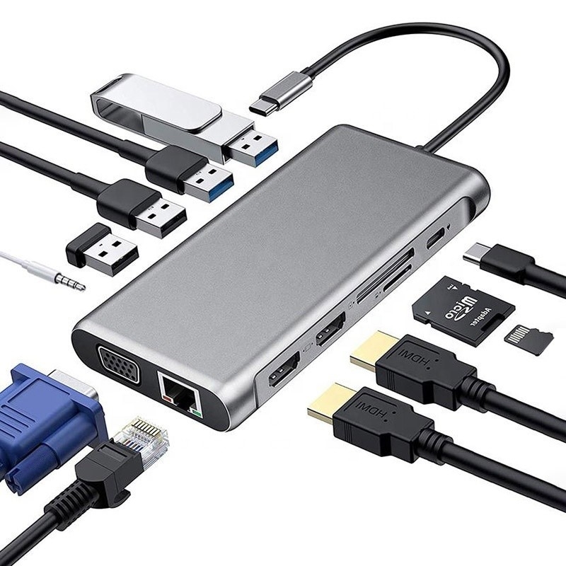 12-in-1 USBタイプCドッキングステーション HDMI 1080P 60Hz 2*HDMI VGA RJ45 4*USBオーディオ SD/TF PD