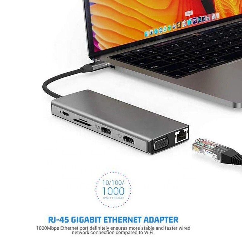 12-in-1 USBタイプCドッキングステーション HDMI 1080P 60Hz 2*HDMI VGA RJ45 4*USBオーディオ SD/TF PD