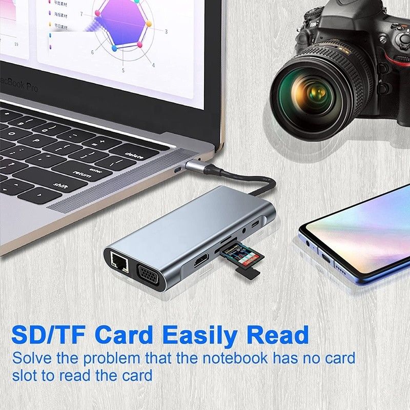 多機能USB Cハブドック,ギガビットRJ45イーサネットTFSDカードリーダーHDMIVGAUSB30