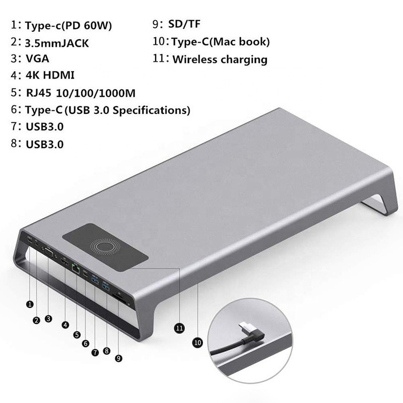 TYPE-C 男性 11 イン 1 ハブ パソコン ラップトップ ドッキング ステーション アダプタ 1000Mbps RJ45 と USB-C PD