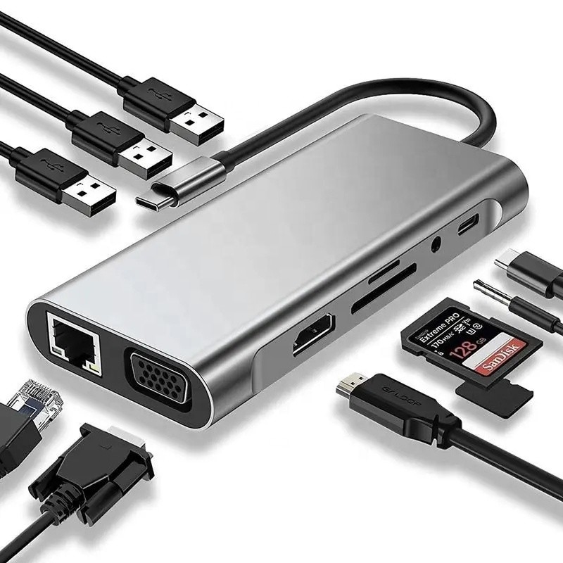USB C ハブ Type-C から USB 3.0 HDMI VGA RJ45 Lan SD TF オーディオ USB グレー マルチポート アダプタ
