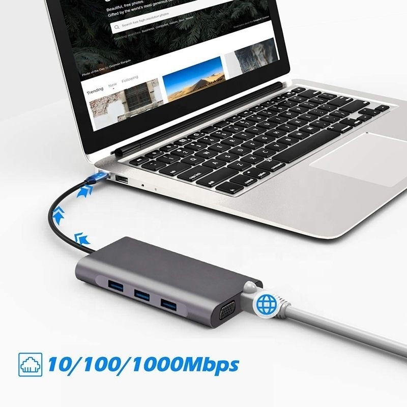 USB C ハブ Type-C から USB 3.0 HDMI VGA RJ45 Lan SD TF オーディオ USB グレー マルチポート アダプタ