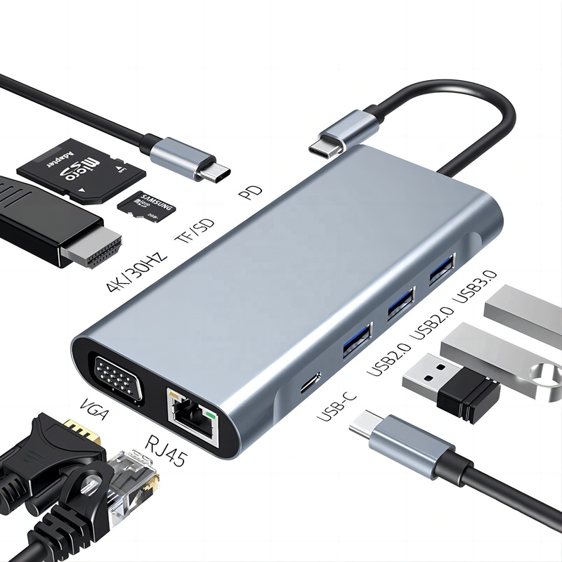 USB Cタイプ C 10 イン 1 ドッキングステーション 4K HDTV VGA Lan RJ45 USB3.0 カードリーダー PD