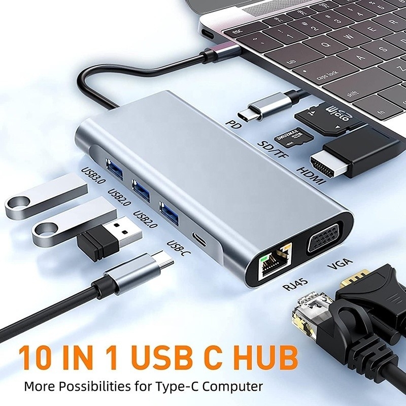 USB Cタイプ C 10 イン 1 ドッキングステーション 4K HDTV VGA Lan RJ45 USB3.0 カードリーダー PD