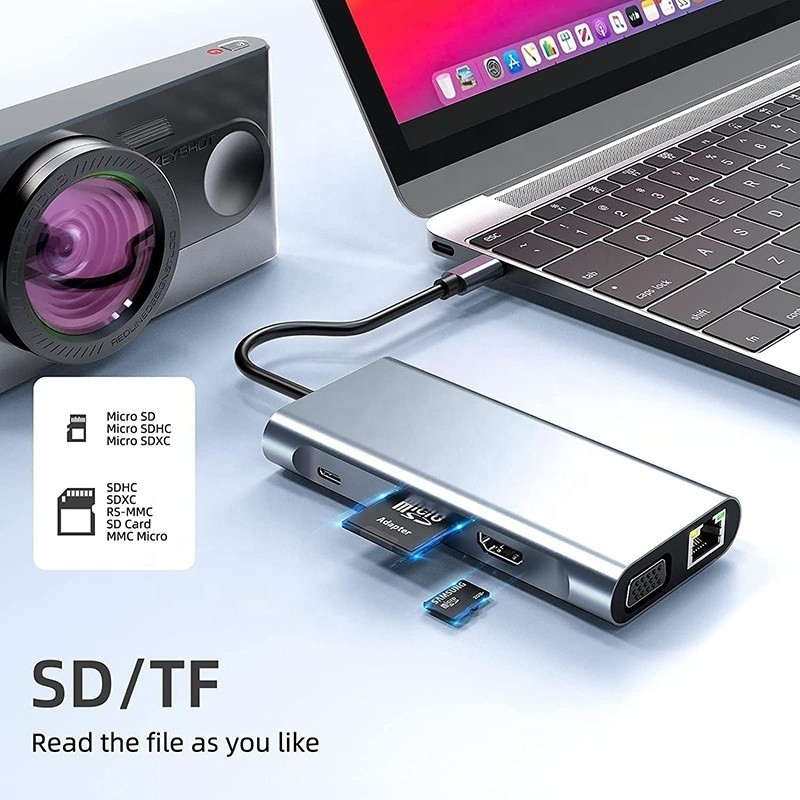 USB Cタイプ C 10 イン 1 ドッキングステーション 4K HDTV VGA Lan RJ45 USB3.0 カードリーダー PD