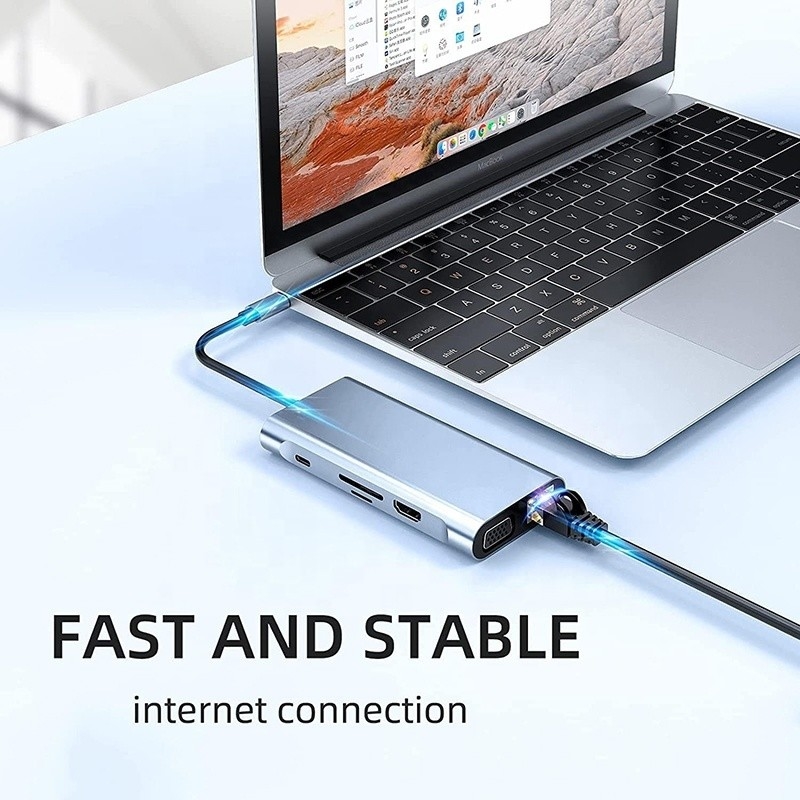 USB Cタイプ C 10 イン 1 ドッキングステーション 4K HDTV VGA Lan RJ45 USB3.0 カードリーダー PD