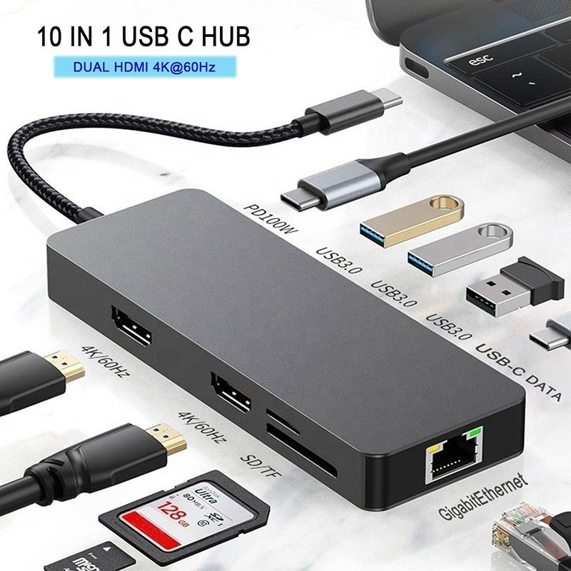 10 イン 1 USB C ハブ 双 HDMI 4K 60Hz アダプタ ドック USB 3.0 イーサネット RJ45 1000Mbps