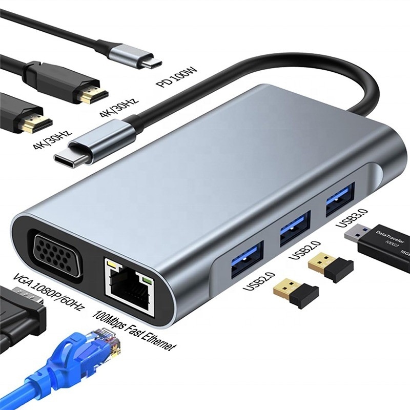 多機能8イン1USB-CUSB Cドッキングステーション 双 4K HDMIと2 HDMIポート グレー