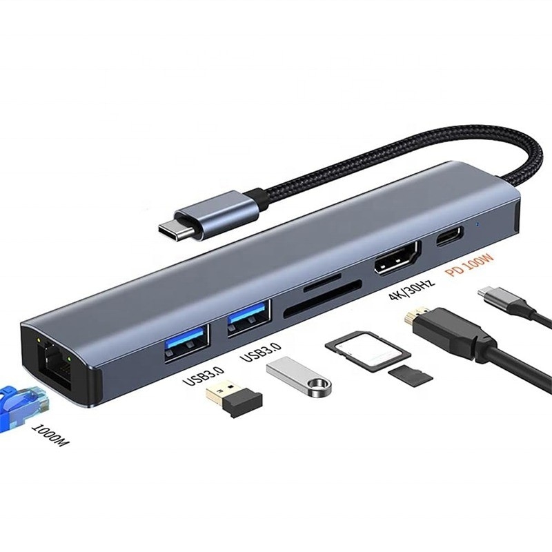グレー 7 イン 1 USB C タイプ C ハブ 1000M RJ45 ギガビット イーサネット 4K HDMI PD 100W アダプター