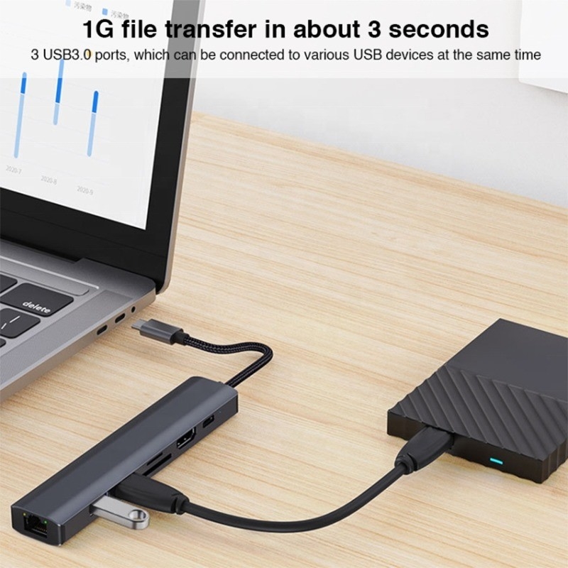 グレー 7 イン 1 USB C タイプ C ハブ 1000M RJ45 ギガビット イーサネット 4K HDMI PD 100W アダプター