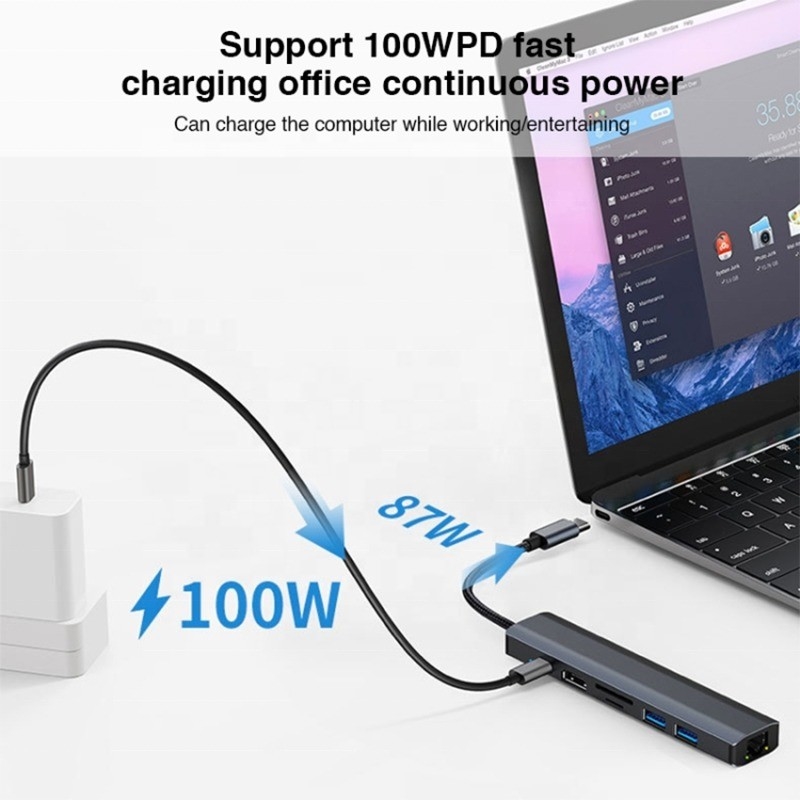グレー 7 イン 1 USB C タイプ C ハブ 1000M RJ45 ギガビット イーサネット 4K HDMI PD 100W アダプター