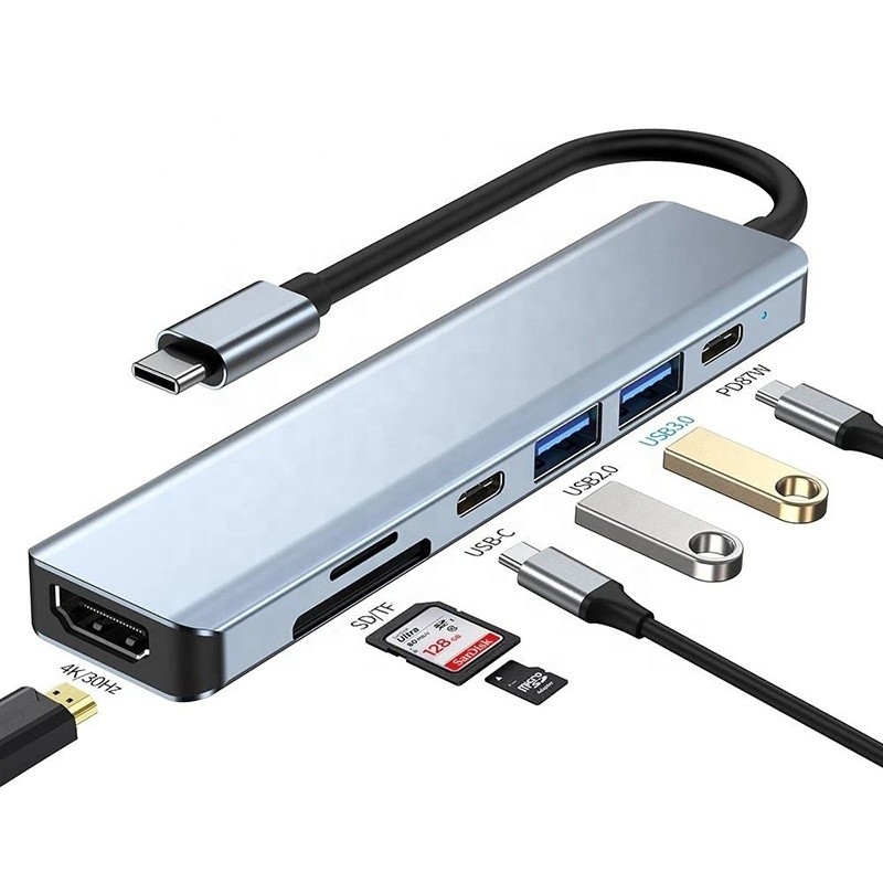 グレー 7 イン 1 USB C 〜 HDMI アダプタ ハブ ドック 4K HD HDMI PD SD TF SD/TF カードリーダー