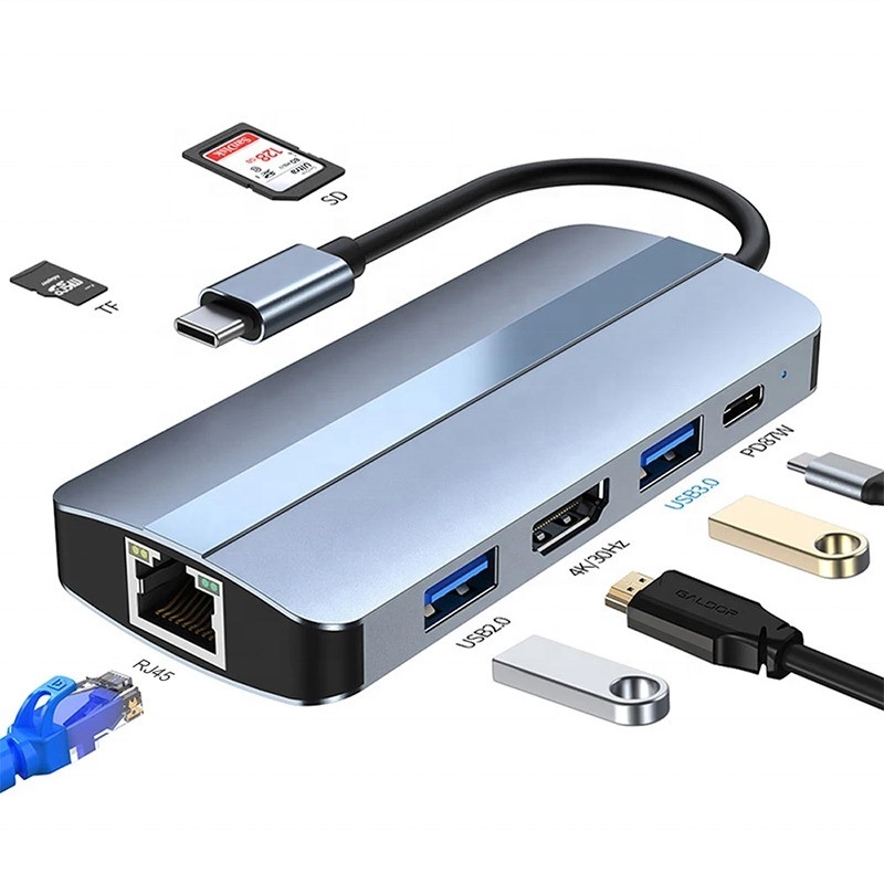 7 イン 1 USB C USB-C ハブ Macbook グレーHDMI USB 3.0 USB2.0 RJ45 SD/TF カードリーダー PD出力
