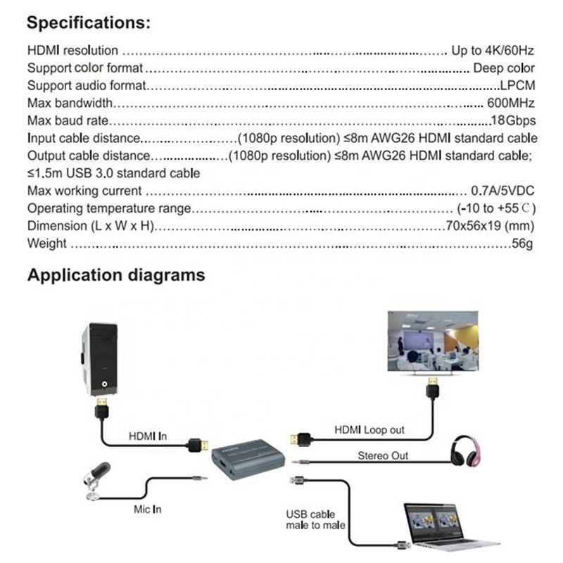 プロの4K 60Hz HDMI USB3.0ビデオキャプチャカード オーディオ出力とUSB30