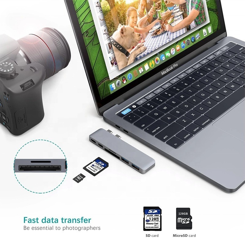 マルチポートドッキングステーション 6イン1型Cハブアダプタ SD/TF 2*USB3.0 2*USB-C出力