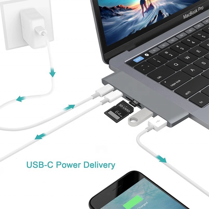 マルチポートドッキングステーション 6イン1型Cハブアダプタ SD/TF 2*USB3.0 2*USB-C出力