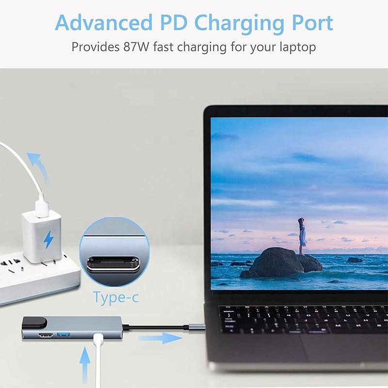 グレーUSB C PDドッキングステーション ラップトップの充電機能 データ転送 ビデオ出力