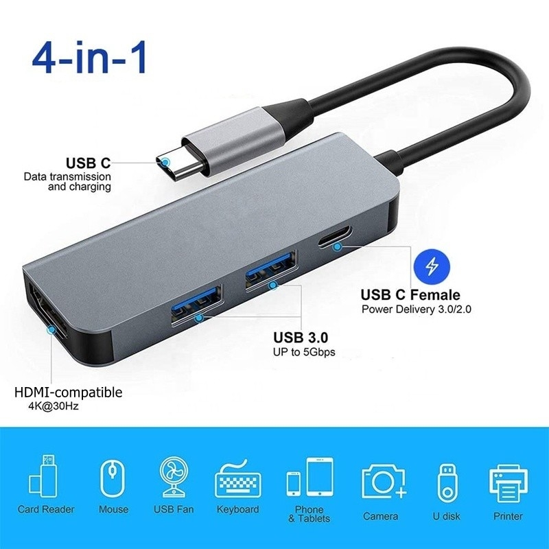 4KHDMI互換性 Type-C to USB C ハブ アダプタ 2つのUSB3.0とPD充電ポート