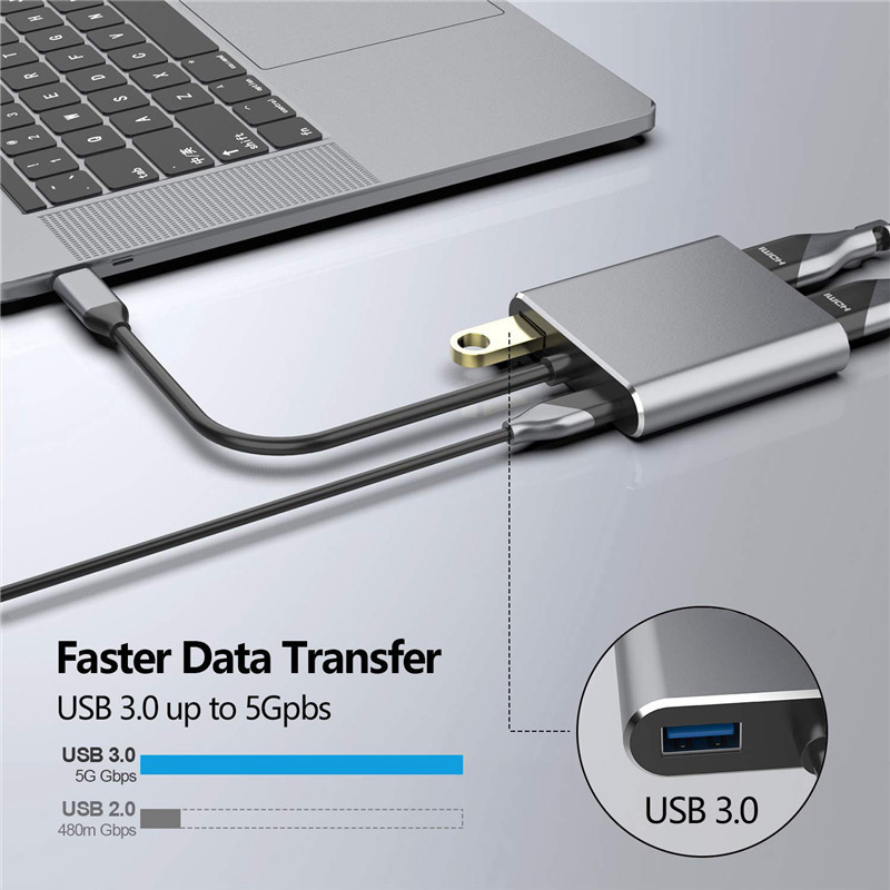 2つのダブル4KHDMIポートとUSB-Cタイプ-CからダブルHDMIアダプタを持つ4イン1ドッキングステーション