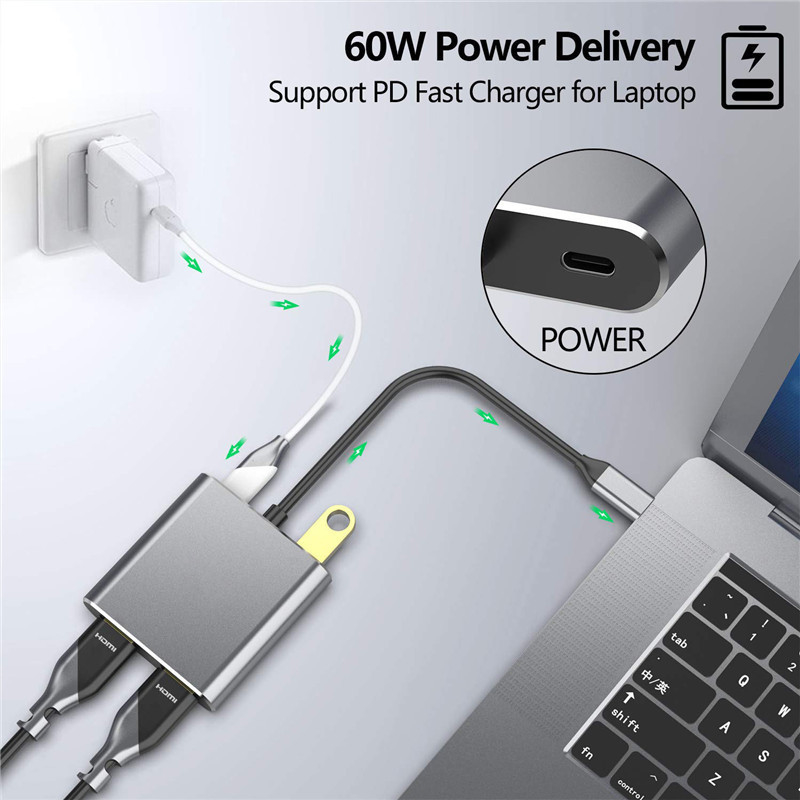 2つのダブル4KHDMIポートとUSB-Cタイプ-CからダブルHDMIアダプタを持つ4イン1ドッキングステーション
