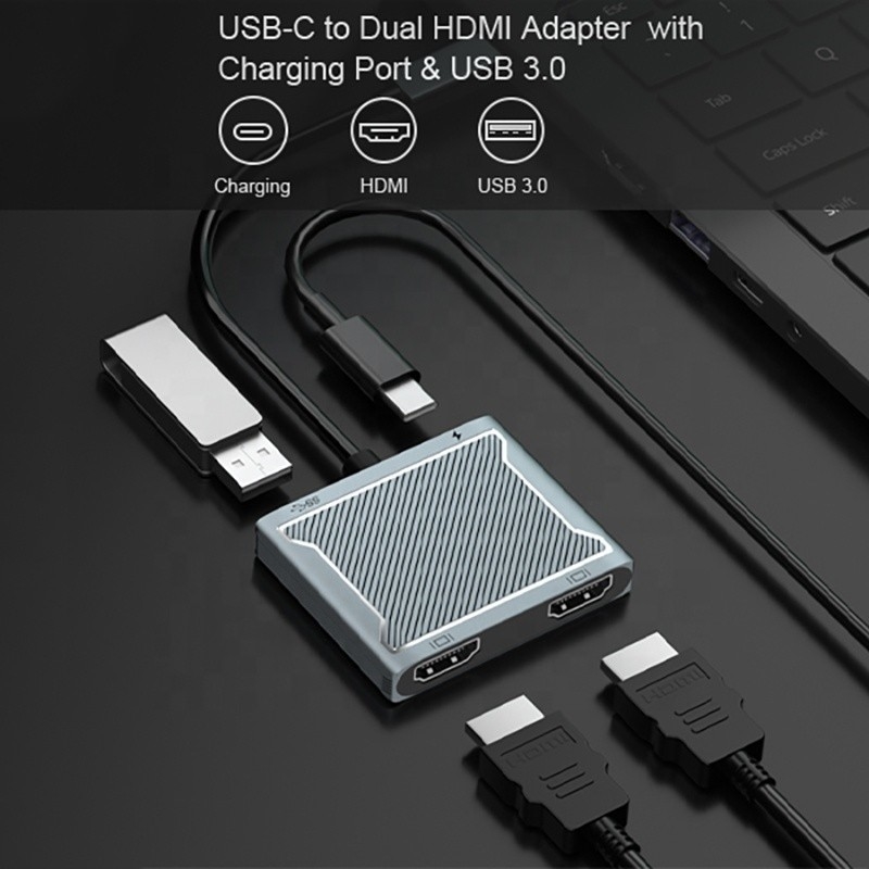 USB CタイプCインターフェイスコネクタ デュアルHDMIアダプター 4K 4イン1 USB 3.0 ハブ ラップトップ用