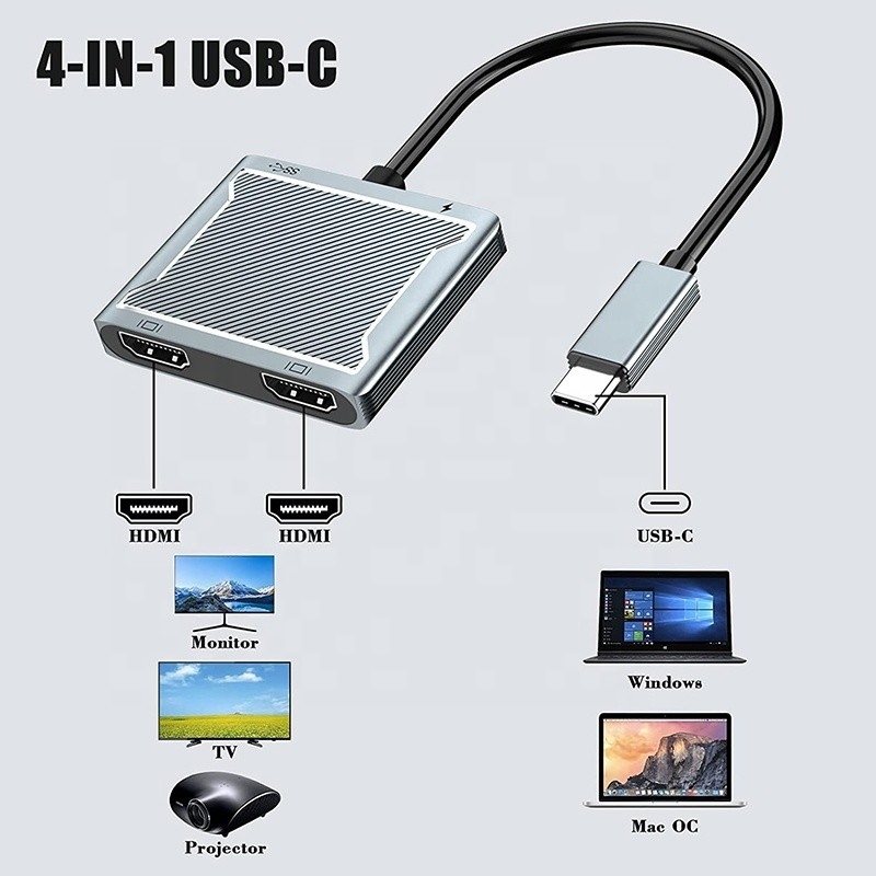 USB CタイプCインターフェイスコネクタ デュアルHDMIアダプター 4K 4イン1 USB 3.0 ハブ ラップトップ用