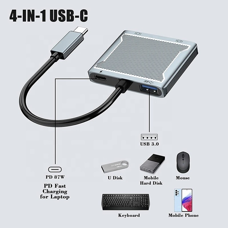 USB CタイプCインターフェイスコネクタ デュアルHDMIアダプター 4K 4イン1 USB 3.0 ハブ ラップトップ用
