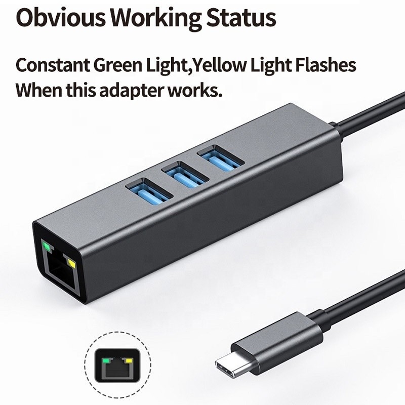 USB 3.1タイプCから9ポート USB3.0ハブ ギガビットイーサネット RJ45 LANポートアダプター グレー