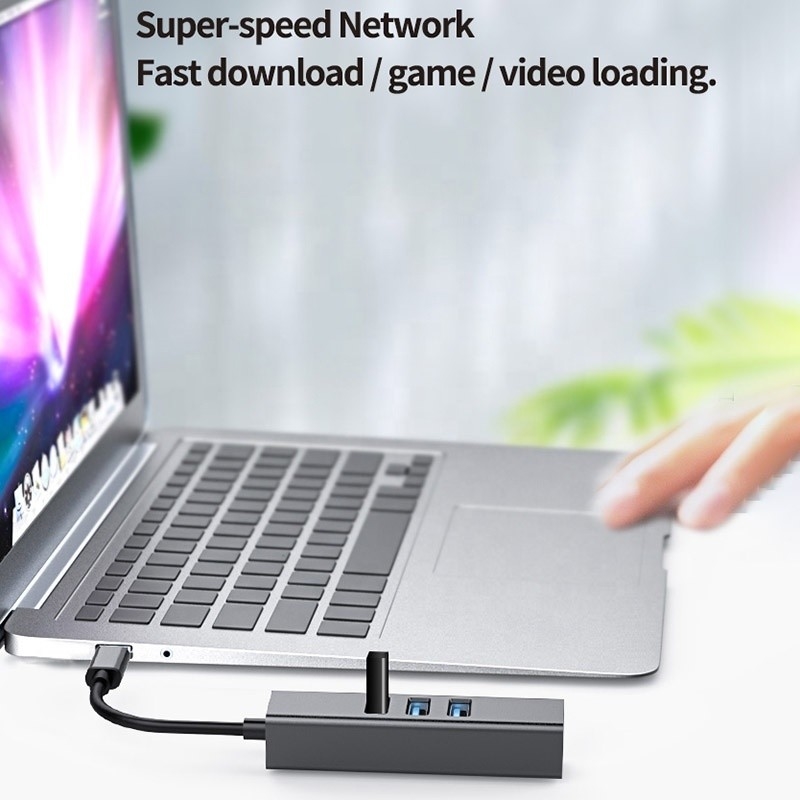 USB 3.1タイプCから9ポート USB3.0ハブ ギガビットイーサネット RJ45 LANポートアダプター グレー