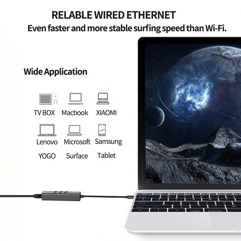 USB 3.1タイプCから9ポート USB3.0ハブ ギガビットイーサネット RJ45 LANポートアダプター グレー