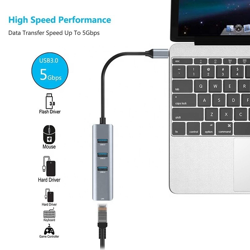 USB 3.1 インターフェイスタイプ C から 9 ポート USB A 3.0 アダプタ RJ45 ギガビット イーサネット ネットワーク カード グレー