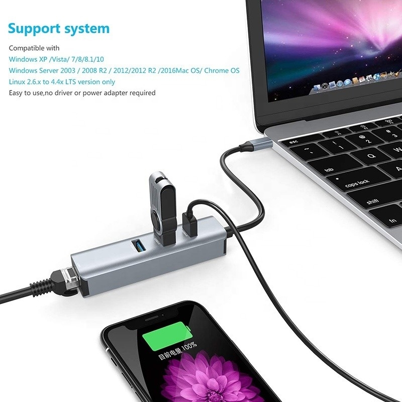 USB 3.1 インターフェイスタイプ C から 9 ポート USB A 3.0 アダプタ RJ45 ギガビット イーサネット ネットワーク カード グレー