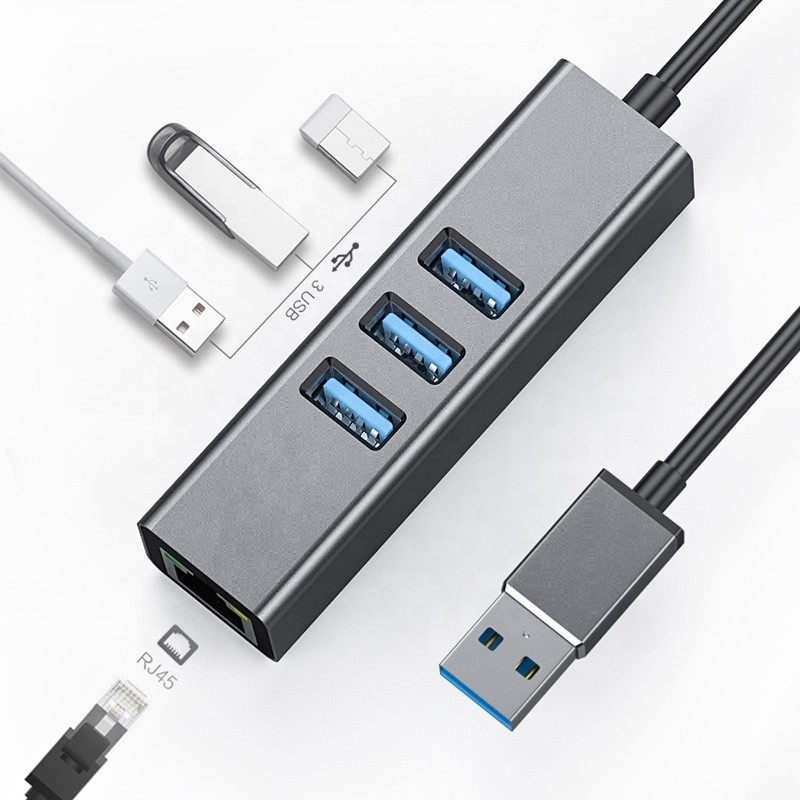 グレーUSB3.0ハブとRJ45LANアダプター 3つのUSBポート ギガビットイーサネットネットワークカード