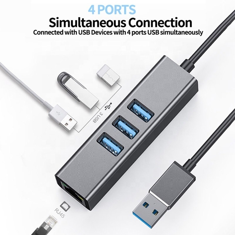 グレーUSB3.0ハブとRJ45LANアダプター 3つのUSBポート ギガビットイーサネットネットワークカード