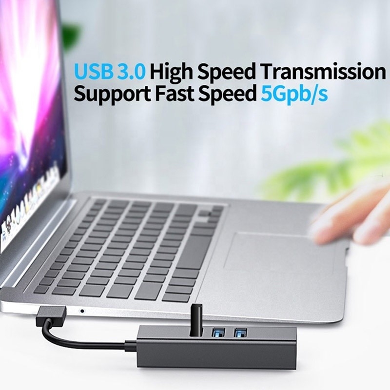グレーUSB3.0ハブとRJ45LANアダプター 3つのUSBポート ギガビットイーサネットネットワークカード