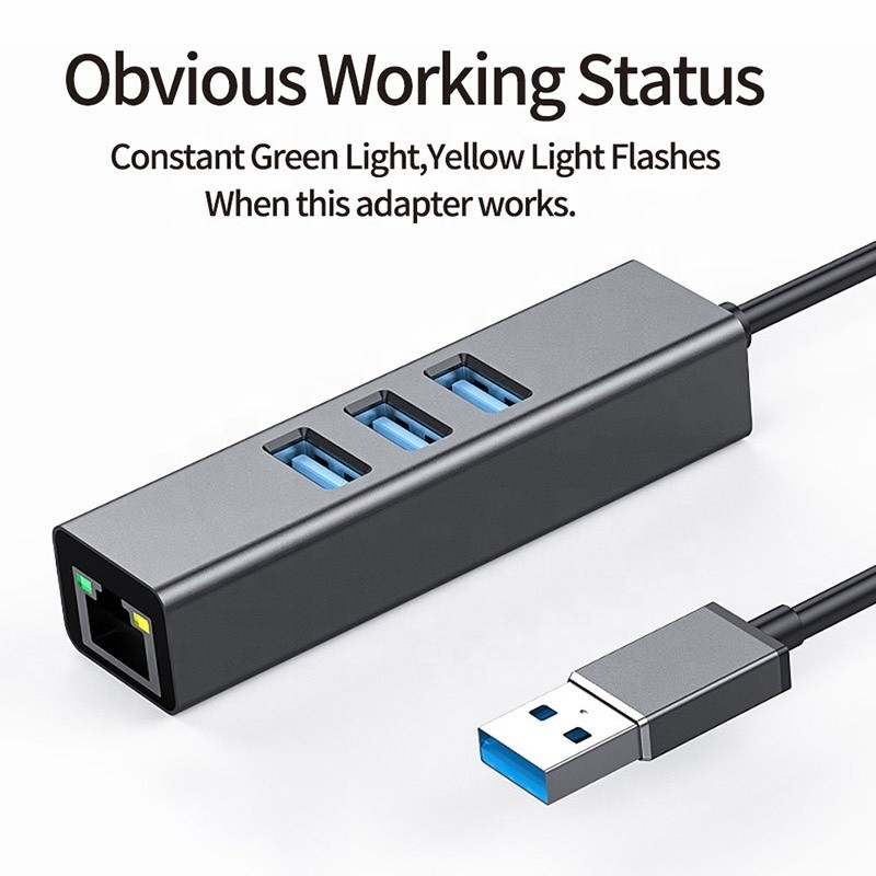 グレーUSB3.0ハブとRJ45LANアダプター 3つのUSBポート ギガビットイーサネットネットワークカード