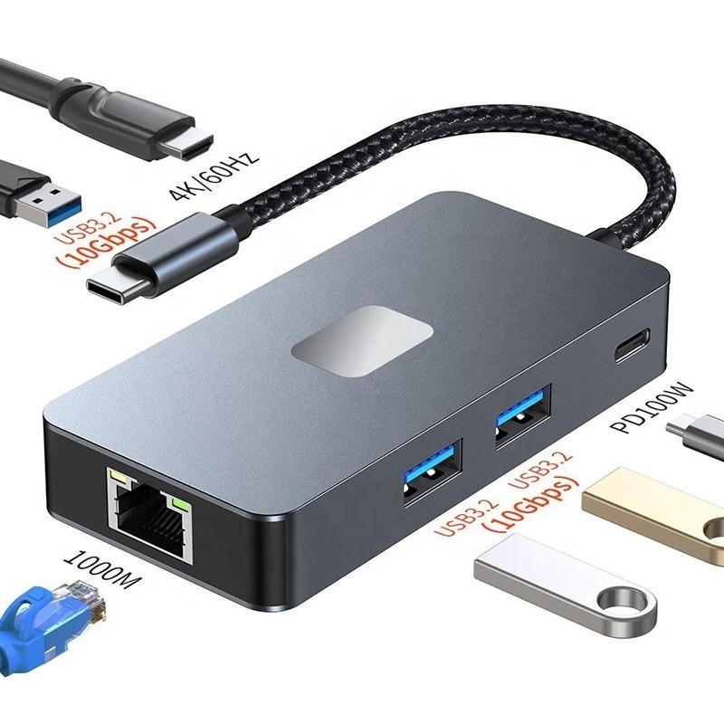 8-in-1 マルチポート アダプタ USB-C ハブ HDMI 3 USB3.0 RJ45 と PD アウトプット 5-8 ポート