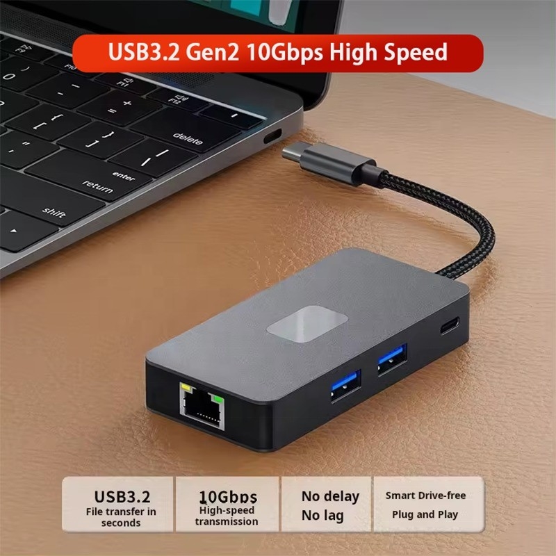 8-in-1 マルチポート アダプタ USB-C ハブ HDMI 3 USB3.0 RJ45 と PD アウトプット 5-8 ポート