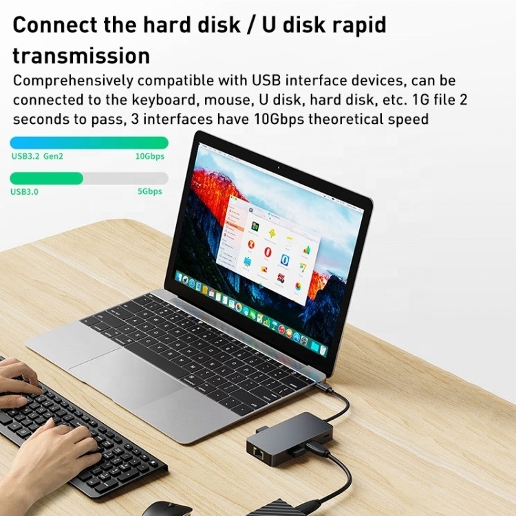 8-in-1 マルチポート アダプタ USB-C ハブ HDMI 3 USB3.0 RJ45 と PD アウトプット 5-8 ポート