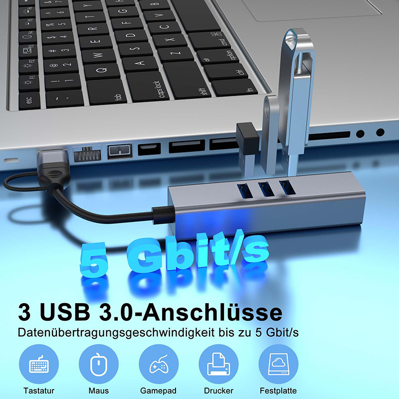USB型CLANアダプター 6イン2 USBCハブ 3つのUSB3.0ポートとRJ45ギガビットLANインターフェース