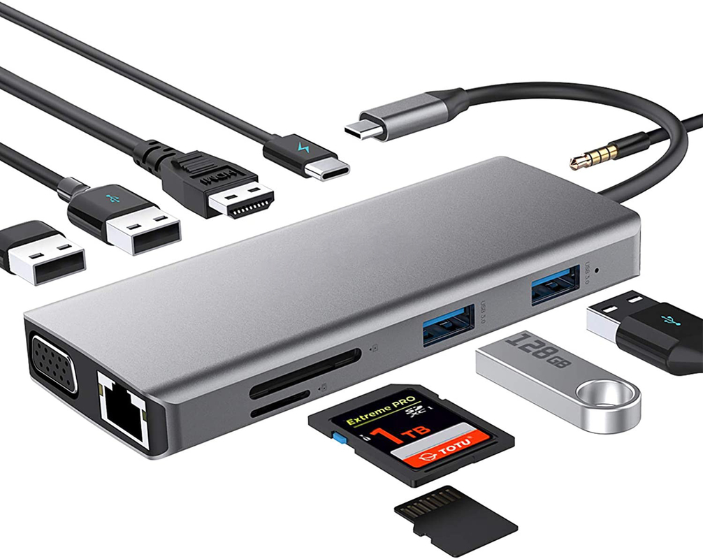 USB C ハブ Type-C から USB 3.0 HDMI VGA RJ45 Lan SD TF オーディオ USB グレー マルチポート アダプタ