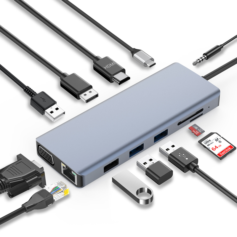 グレーコネクタ カラー USB 3.0 インテルネット RJ45 HDMI 4K 12 In 1 Usb C ハブ
